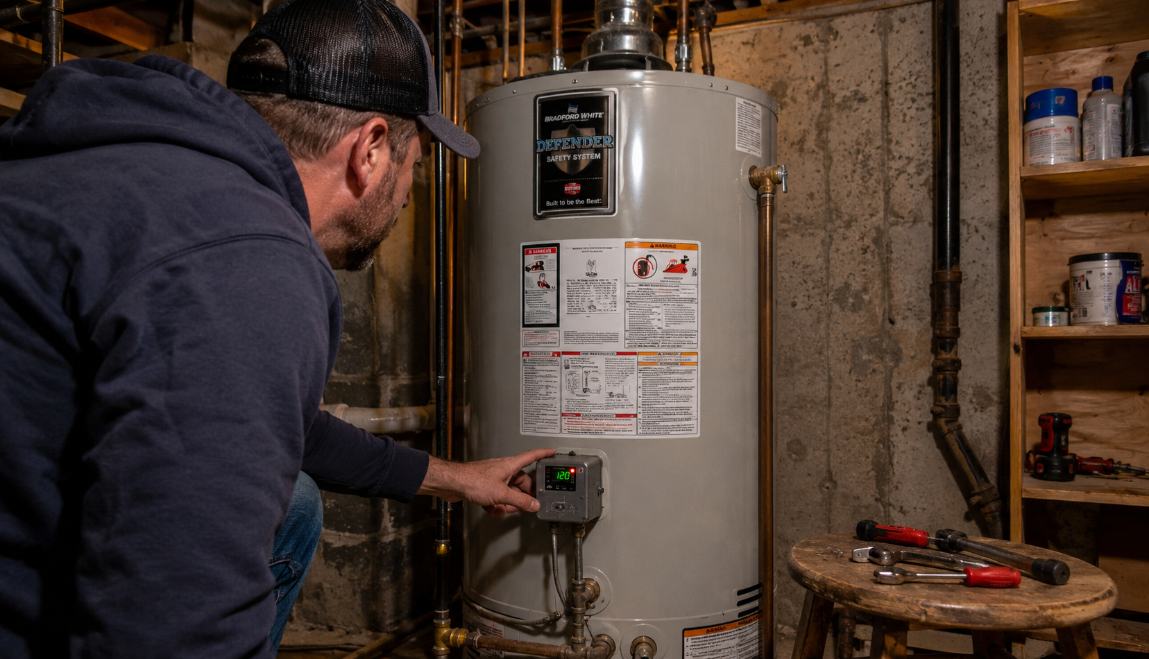 ChatGPT Image May 13, 2026, 12_01_00 AM Water heater unit in basement showing maintenance inspection