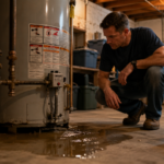 Water heater leak inspection in residential basement utility room