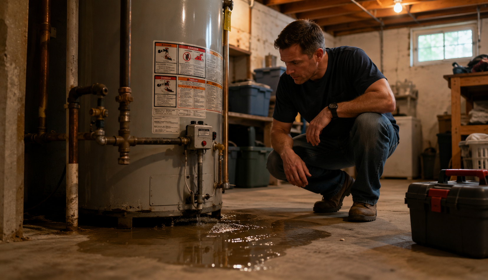 Water heater leak inspection in residential basement utility room
