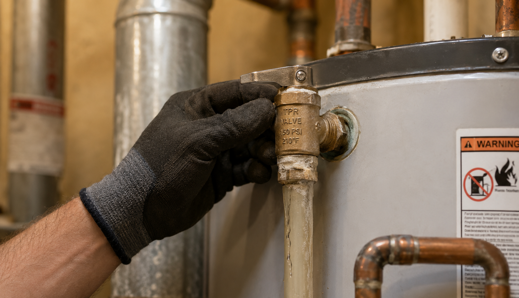 Technician checking pressure relief valve on water heater system