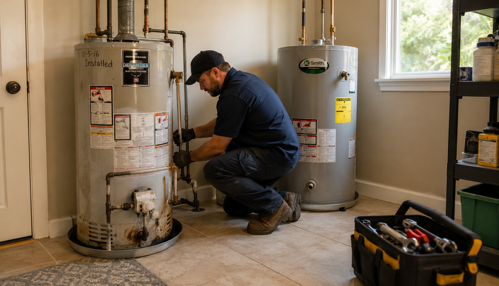Old water heater being replaced during home installation process