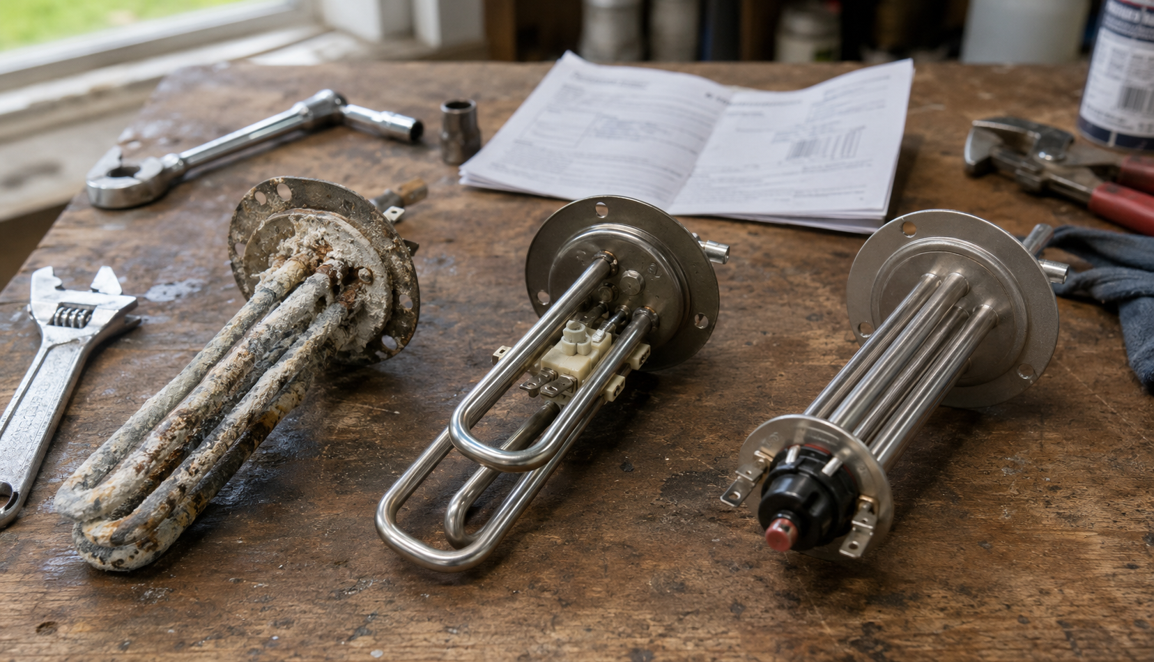 ChatGPT Image May 14, 2026, 11_55_39 PM Different electric water heater heating elements on garage workbench during repair