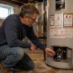 Homeowner checking pilot light on residential gas water heater