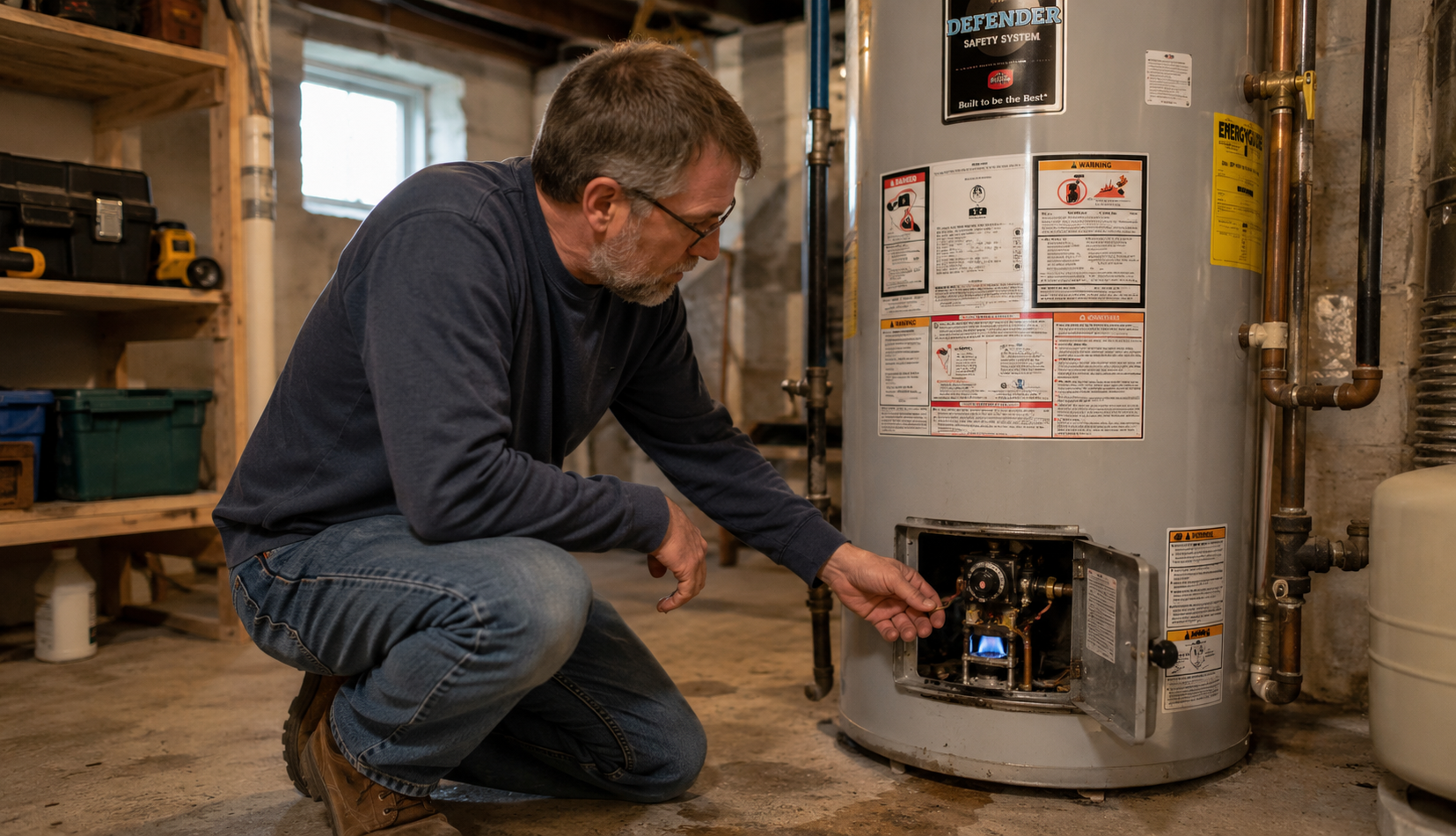 Homeowner checking pilot light on residential gas water heater