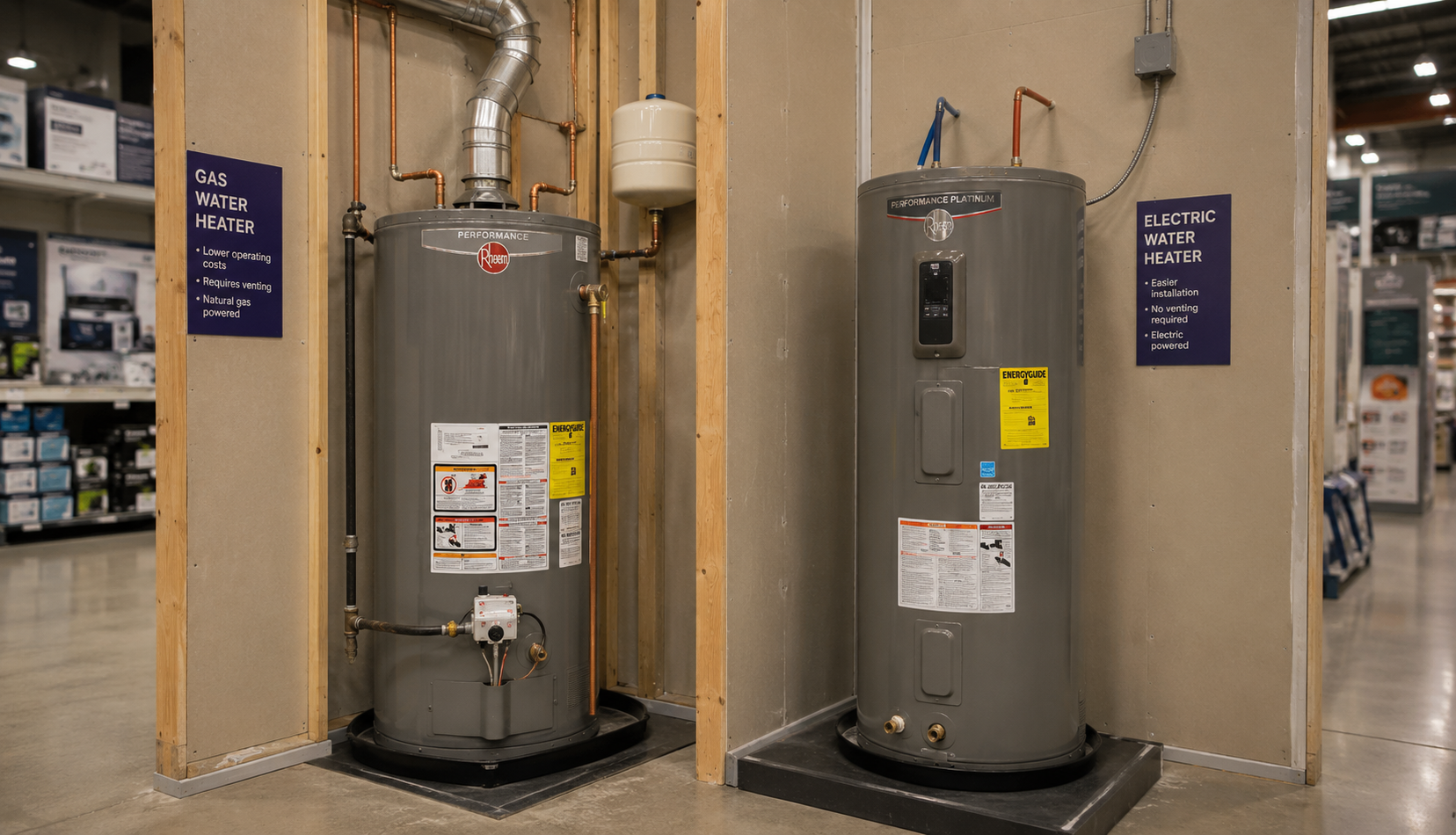 Gas and electric water heaters shown side by side indoors