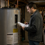 Homeowner preparing to replace electric water heater thermostat in basement