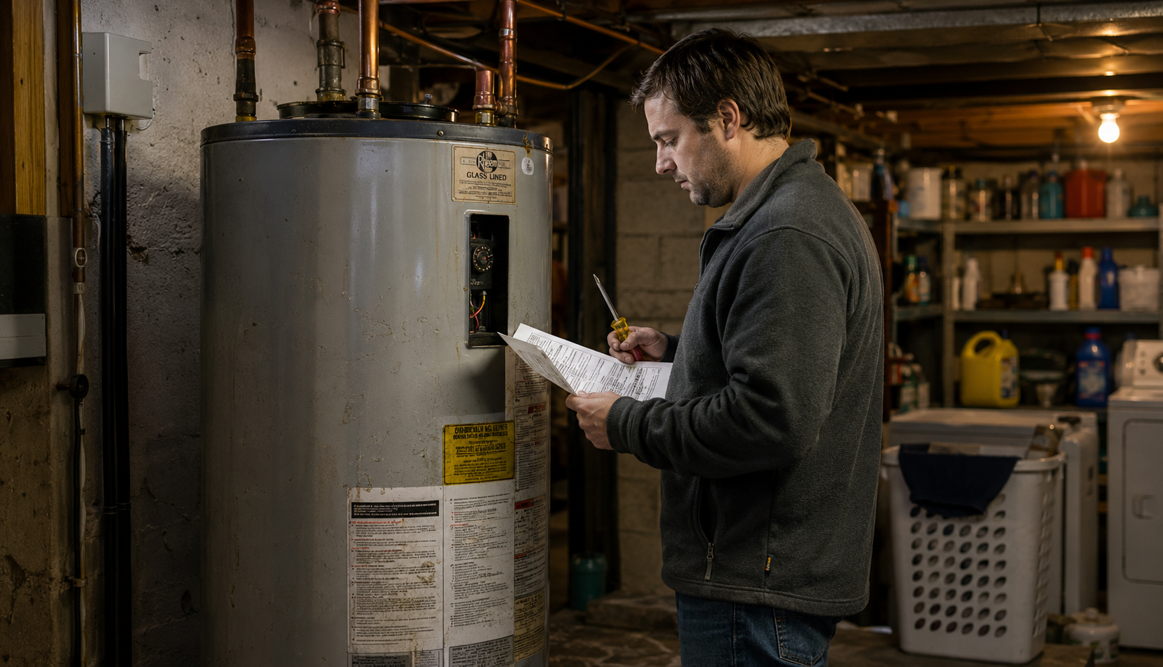 Homeowner preparing to replace electric water heater thermostat in basement