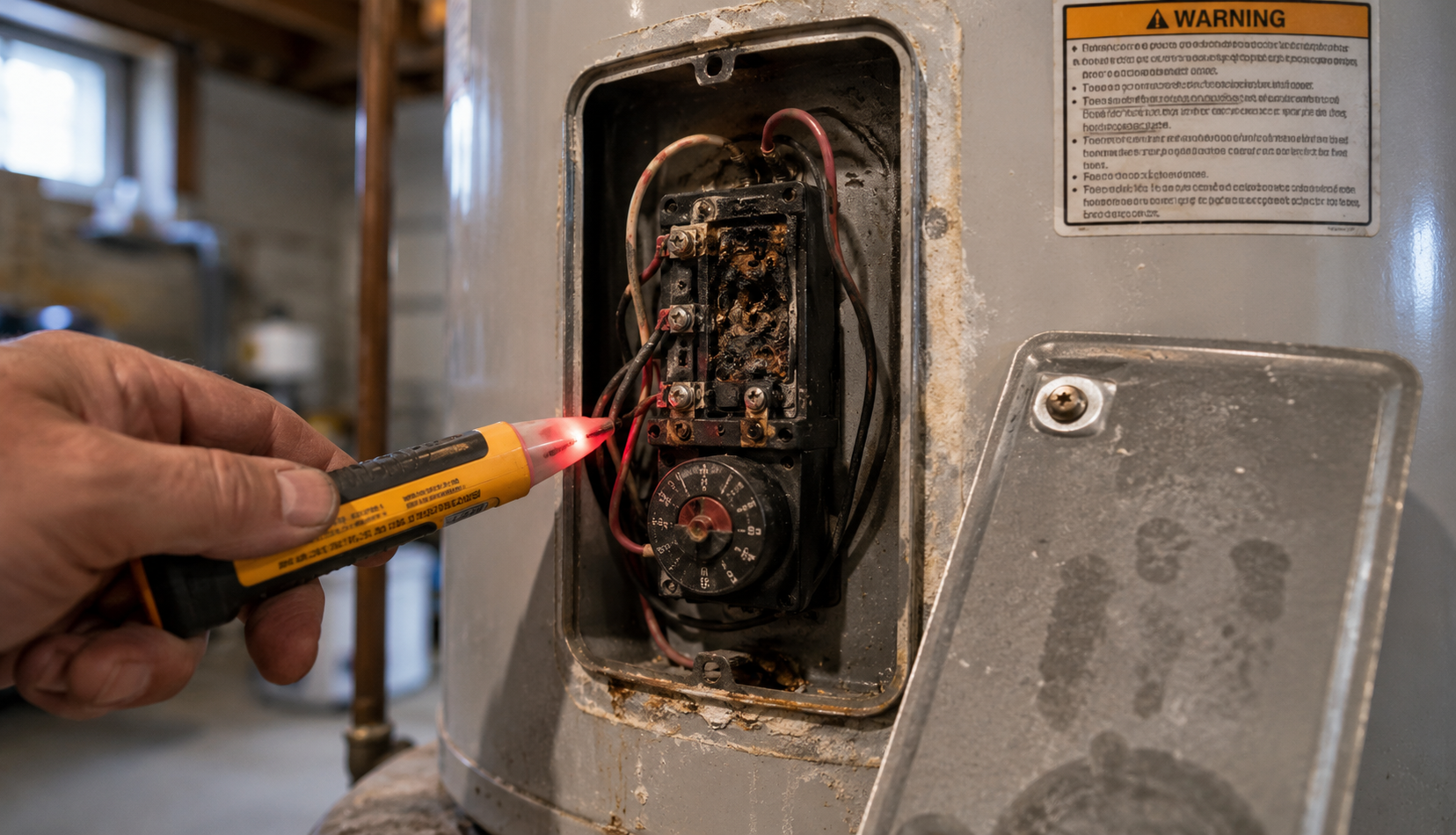 Damaged electric water heater thermostat with exposed wiring during inspection