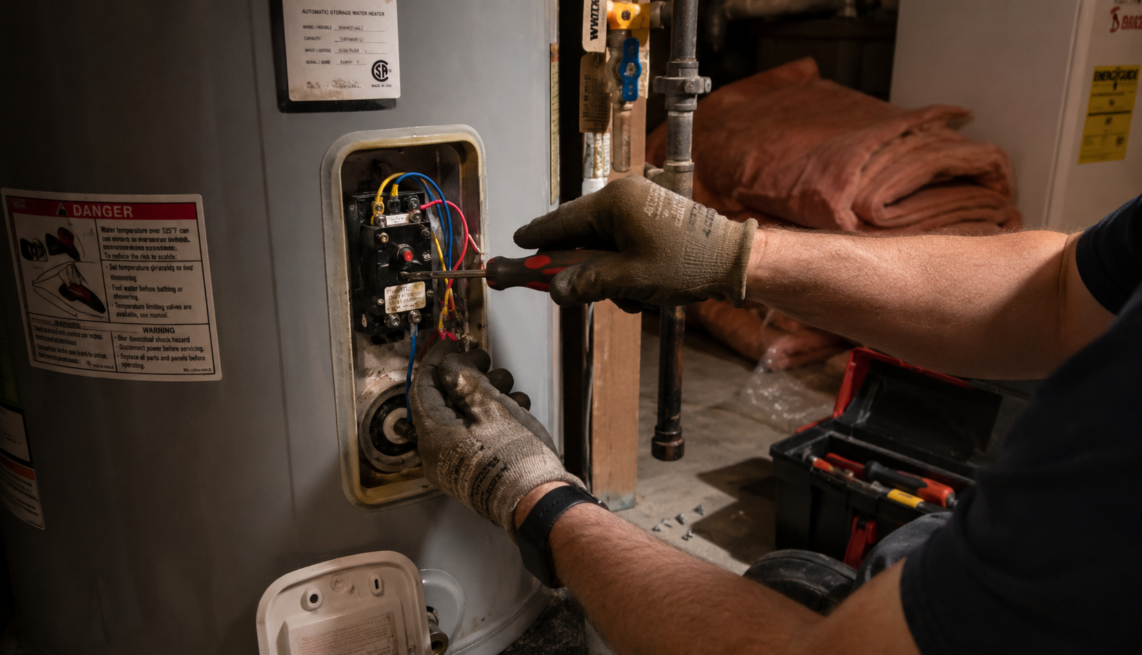 Replacing hot water heater thermostat with screwdriver and electrical wiring