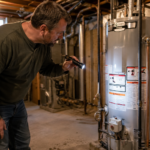 Homeowner inspecting gas water heater in dim basement