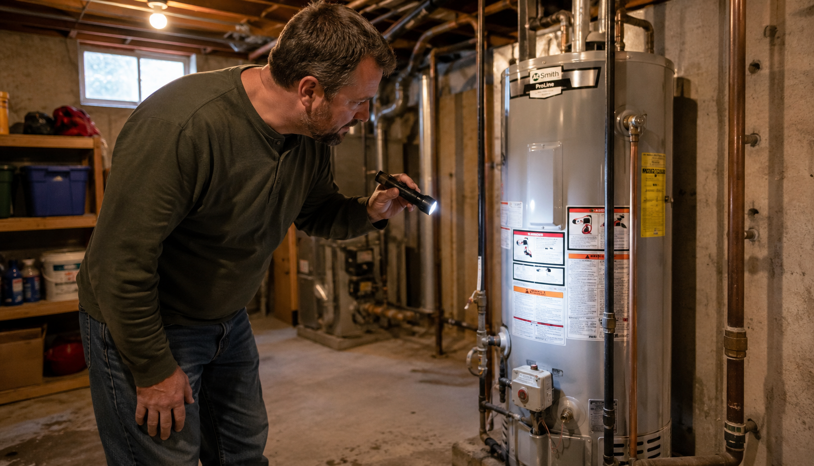Homeowner inspecting gas water heater in dim basement