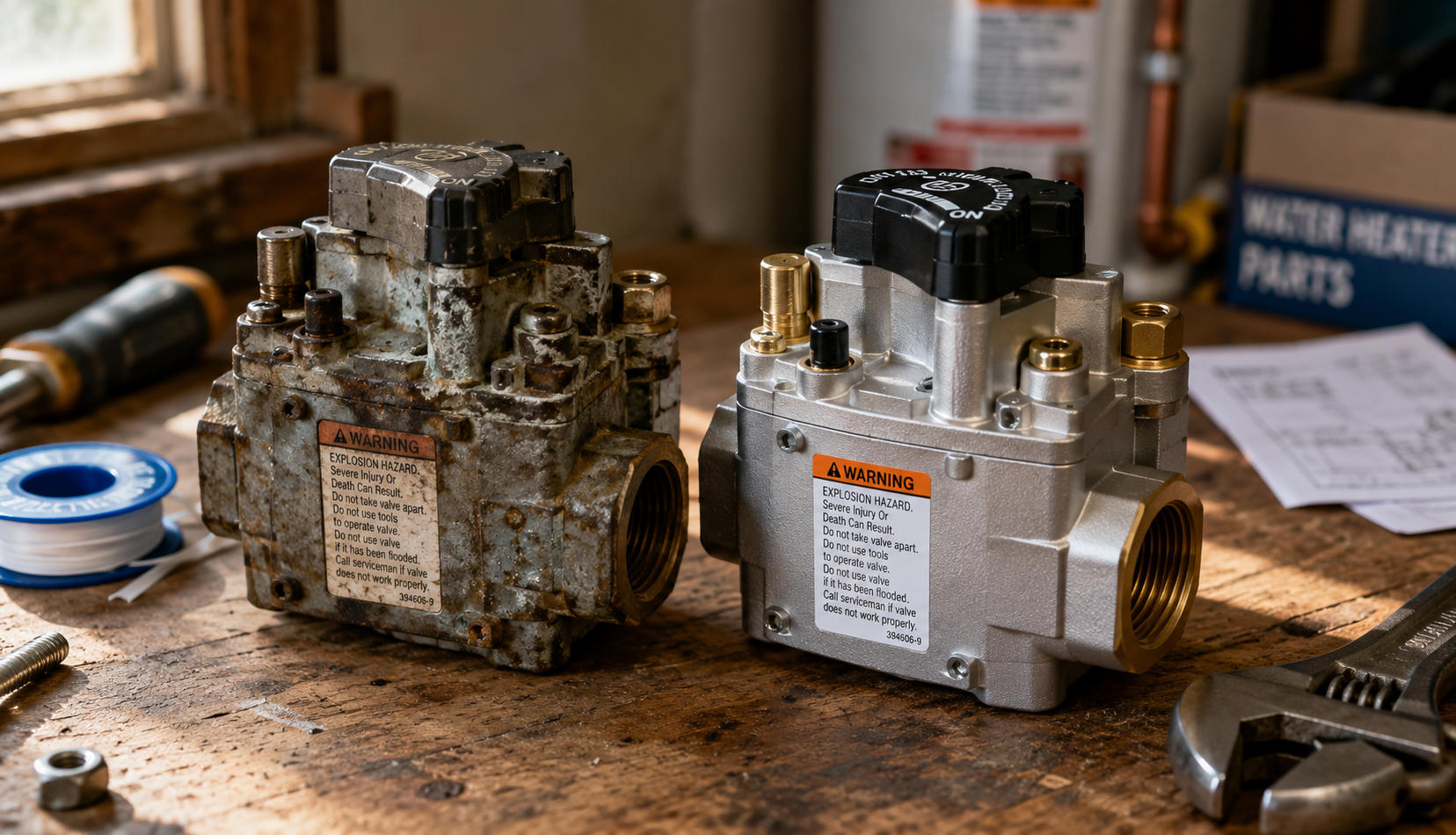 Old and new gas valve parts on workshop bench
