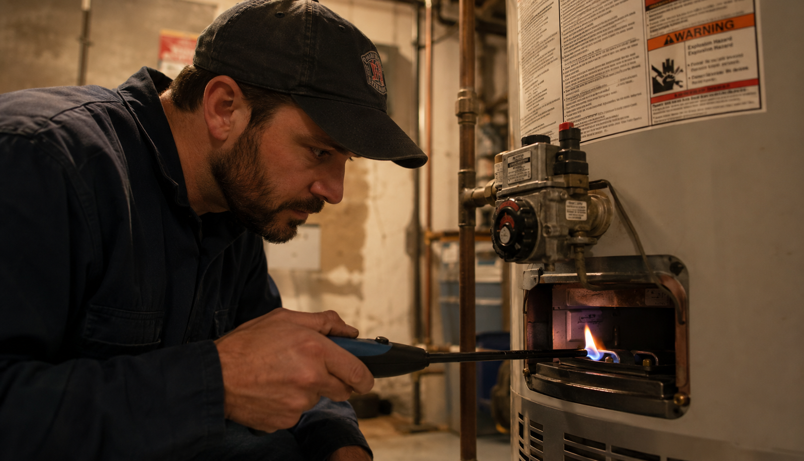 Technician relighting water heater pilot flame carefully
