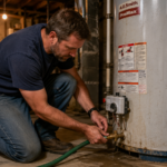 Homeowner attaching hose to drain a residential hot water heater