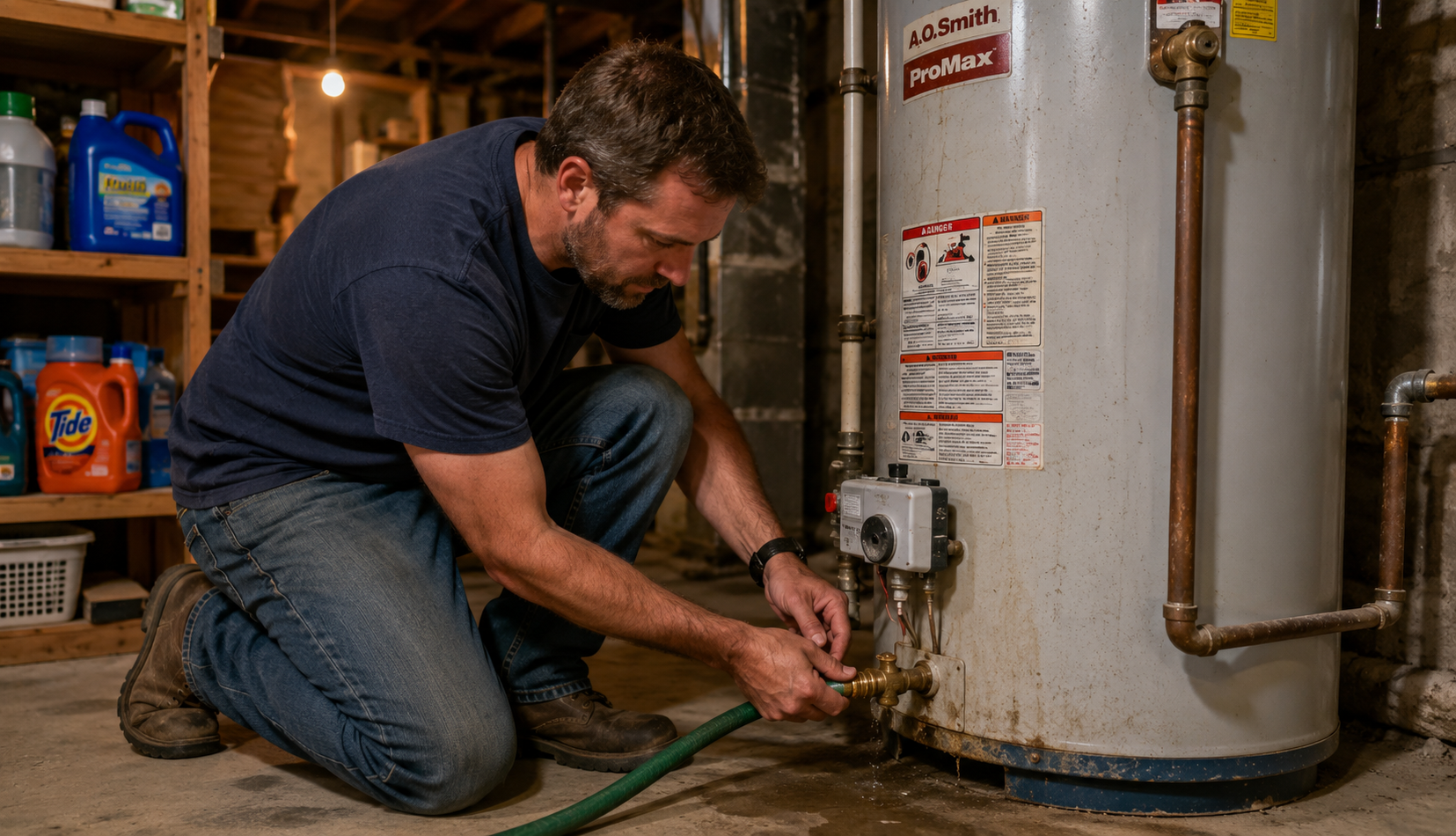 ChatGPT Image May 16, 2026, 11_46_09 PM Homeowner attaching hose to drain a residential hot water heater