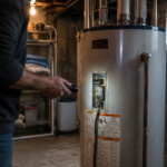 Homeowner inspecting water heater thermostat in basement utility room