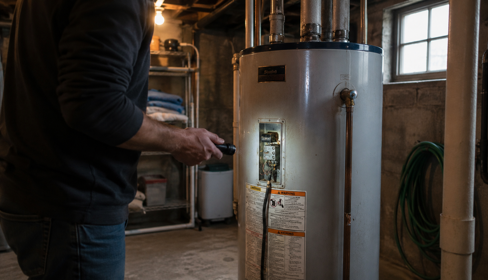ChatGPT Image May 17, 2026, 10_09_07 PM Homeowner inspecting water heater thermostat in basement utility room