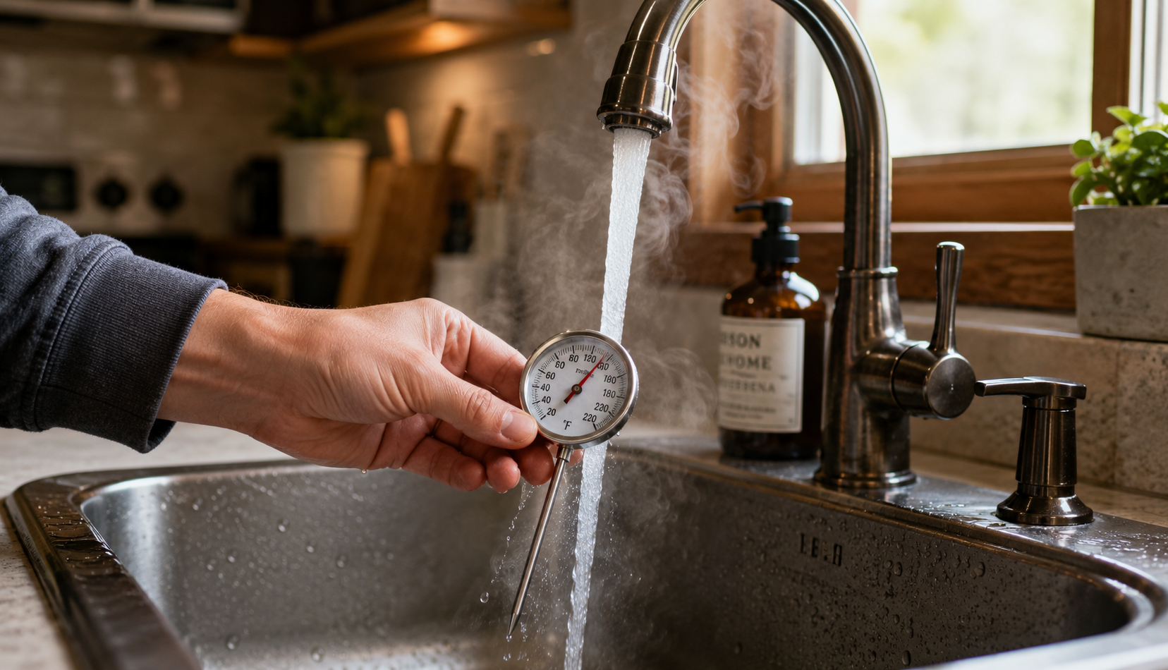 ChatGPT Image May 17, 2026, 10_09_22 PM Testing water temperature after thermostat adjustment at kitchen sink