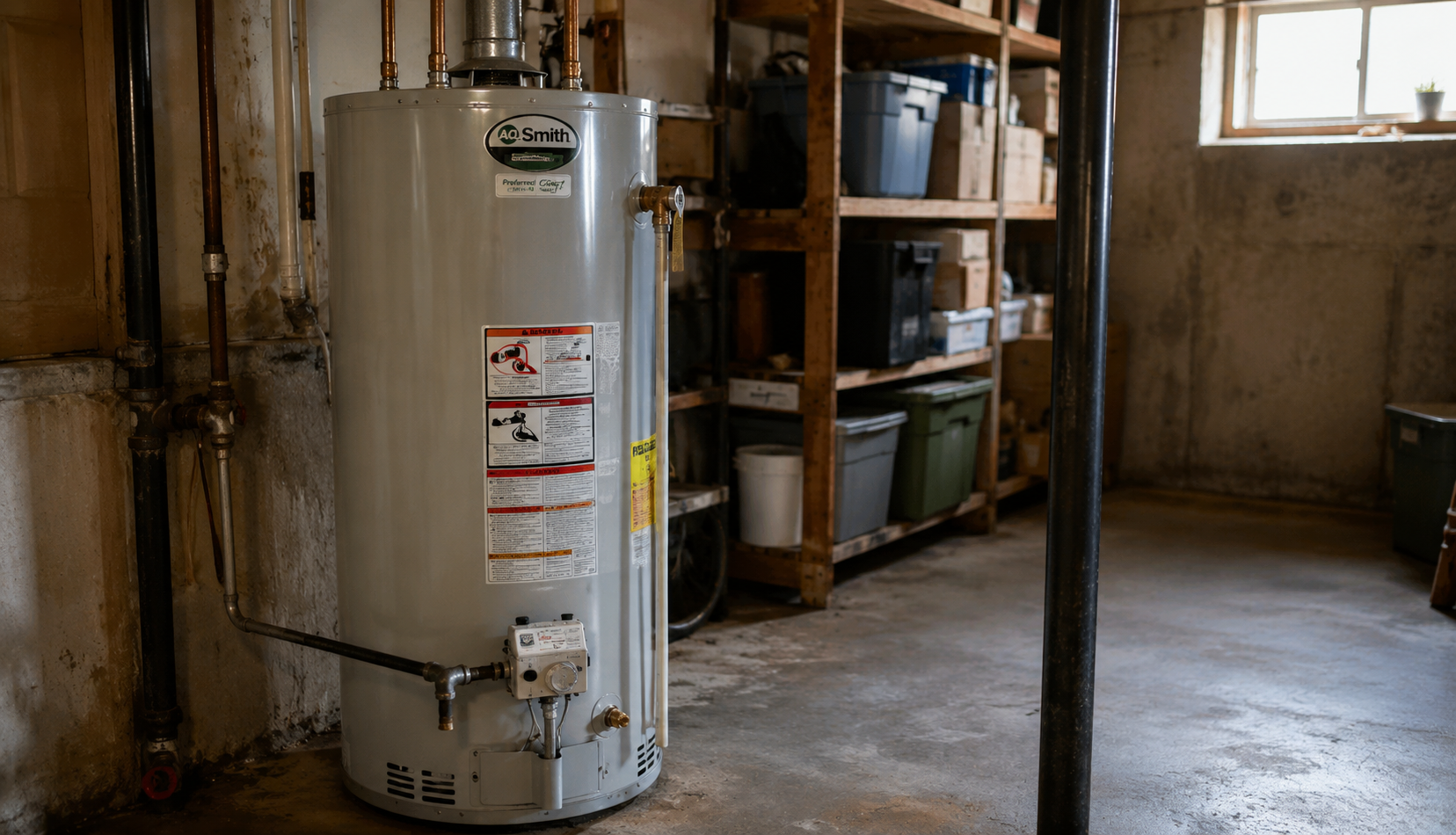 aging 40-gallon water heater installed in home basement utility room