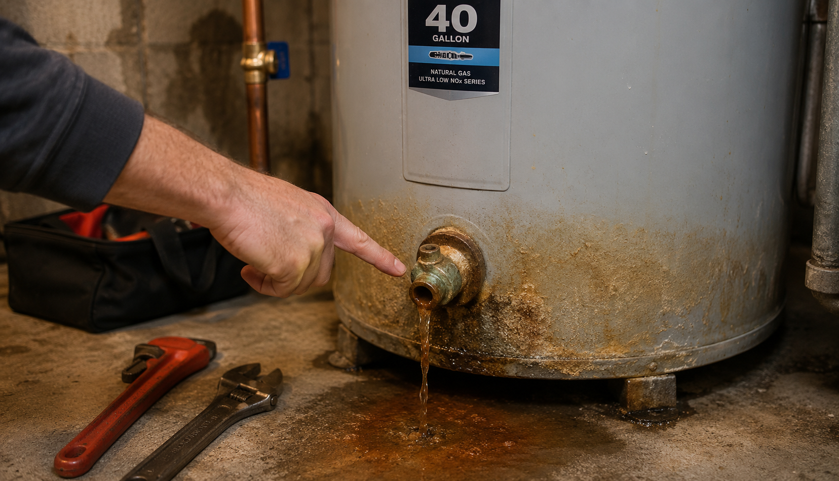 rusty water and corrosion signs on water heater drain inspection