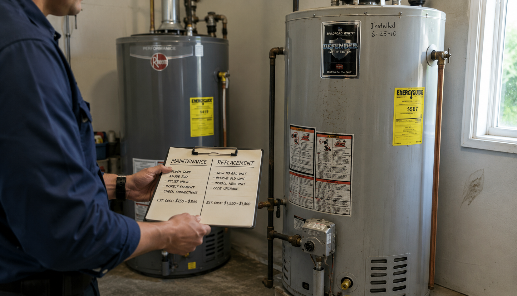 technician comparing water heater maintenance versus replacement options