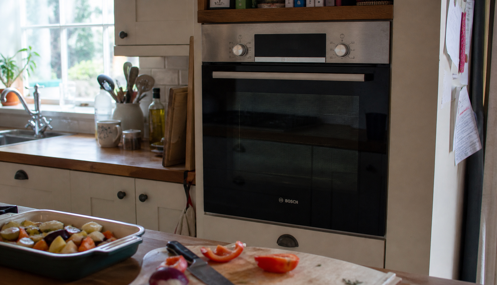 Home kitchen with Bosch wall oven stopped mid cooking process