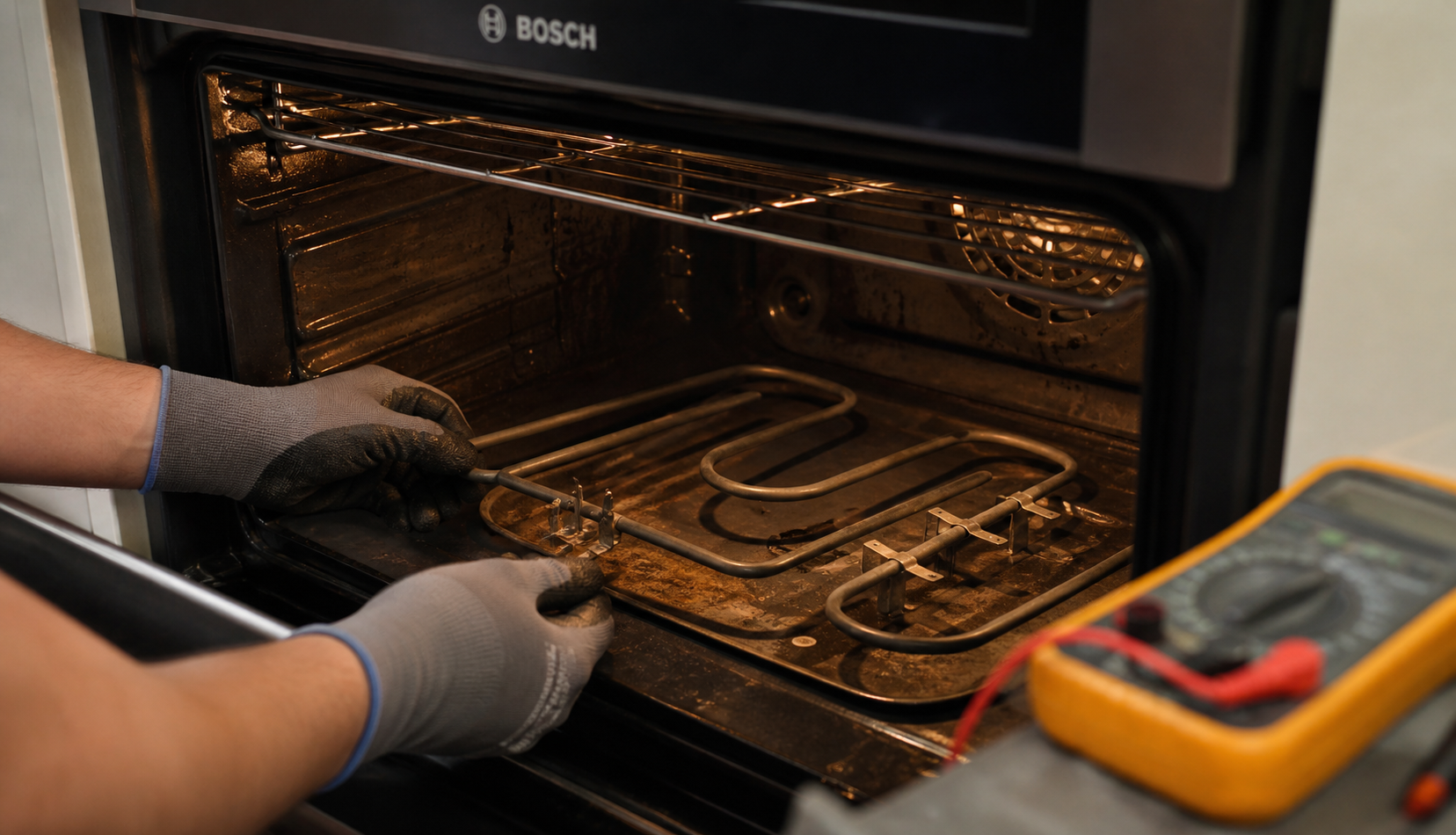 Technician inspecting Bosch oven heating element close-up repair