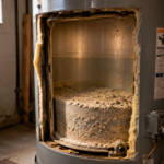 Sediment buildup inside residential water heater tank interior
