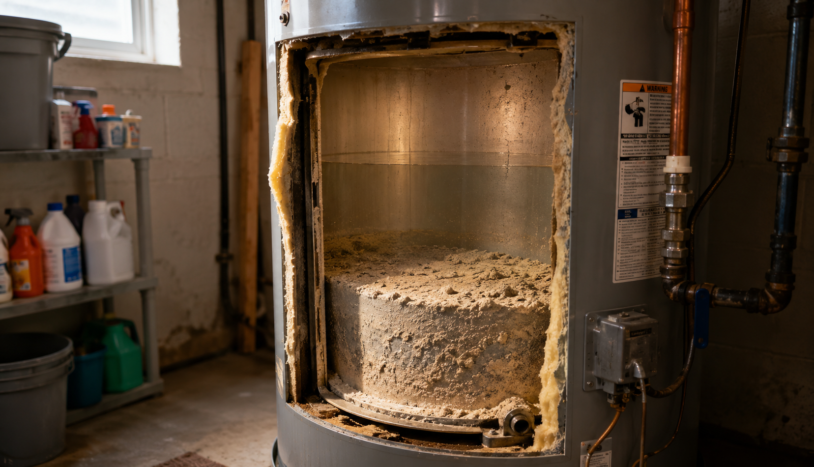 Sediment buildup inside residential water heater tank interior