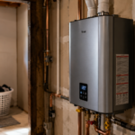 Modern tankless water heater installed in organized residential utility room