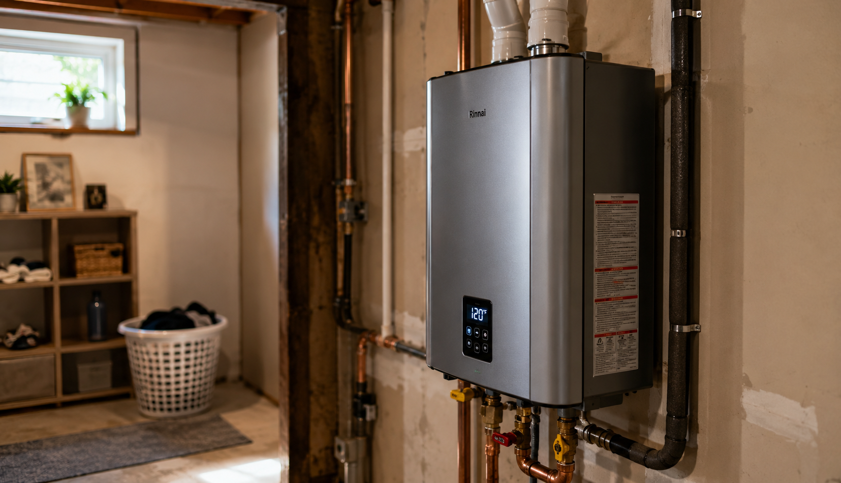 Modern tankless water heater installed in organized residential utility room
