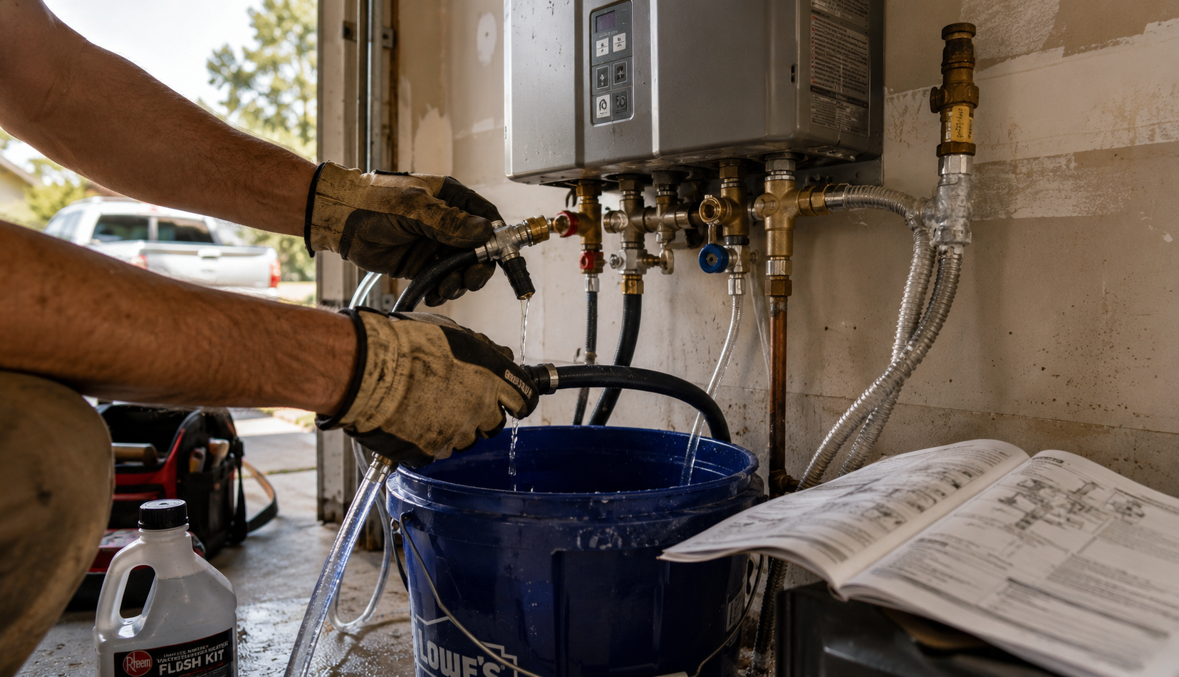 ChatGPT Image May 23, 2026, 01_52_30 AM Homeowner performing maintenance flush on residential tankless water heater
