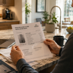 Homeowner reviewing tankless water heater installation estimate in modern kitchen