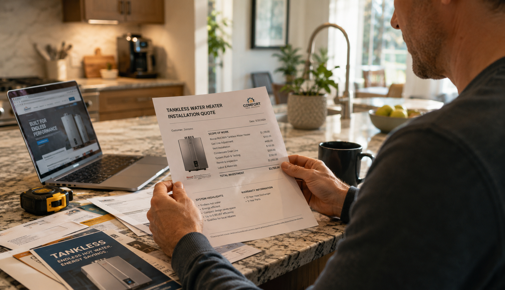 Homeowner reviewing tankless water heater installation estimate in modern kitchen