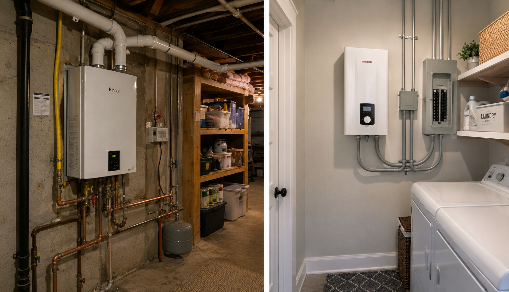 ChatGPT Image May 23, 2026, 11_38_27 PM Gas and electric tankless water heaters installed in separate utility spaces