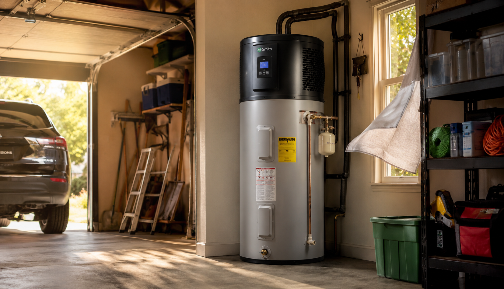 Modern heat pump water heater installed inside a residential garage