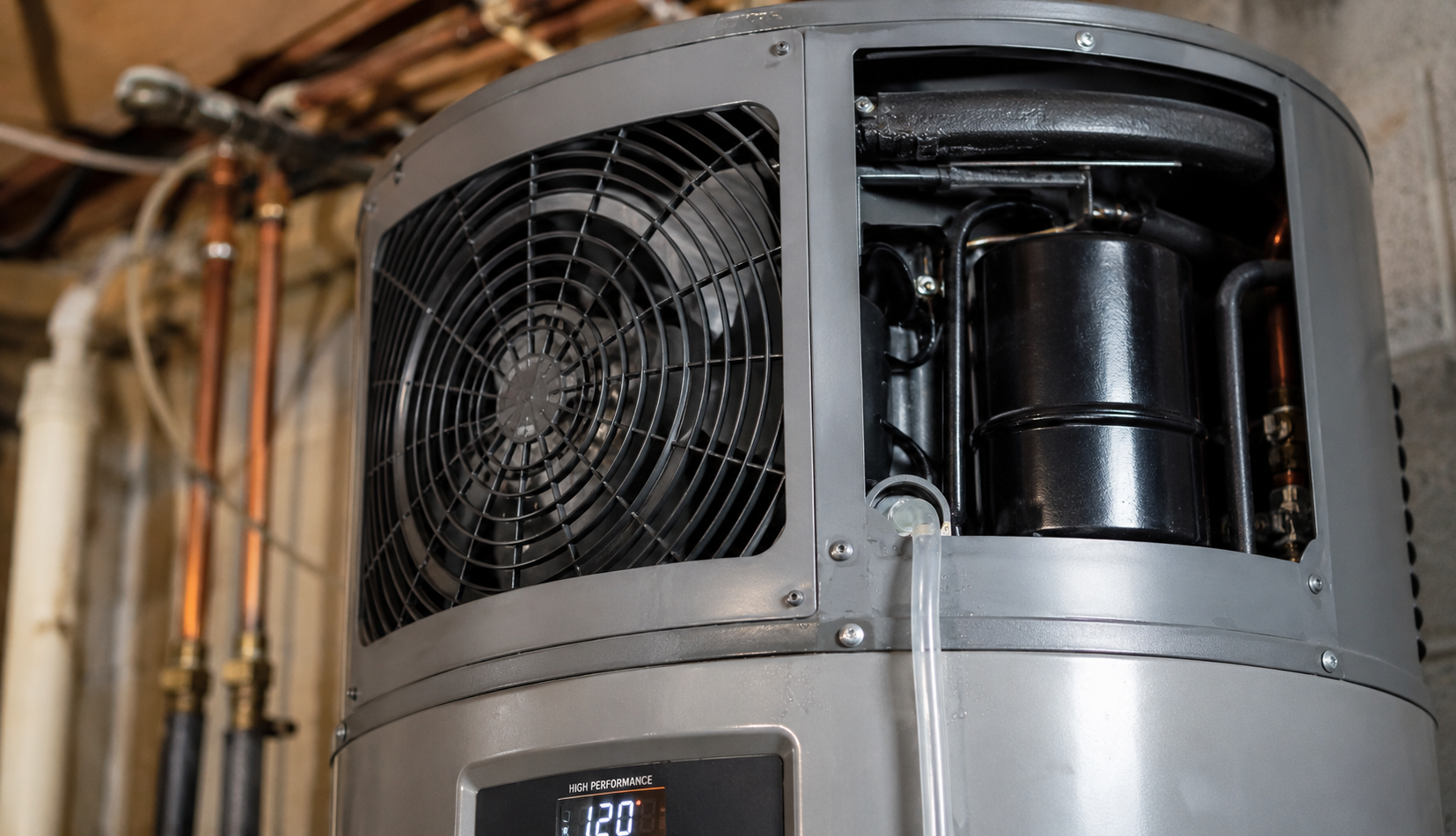 Close-up view of heat pump water heater compressor and ventilation system