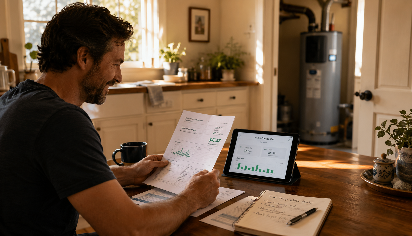 Homeowner reviewing energy savings from a heat pump water heater