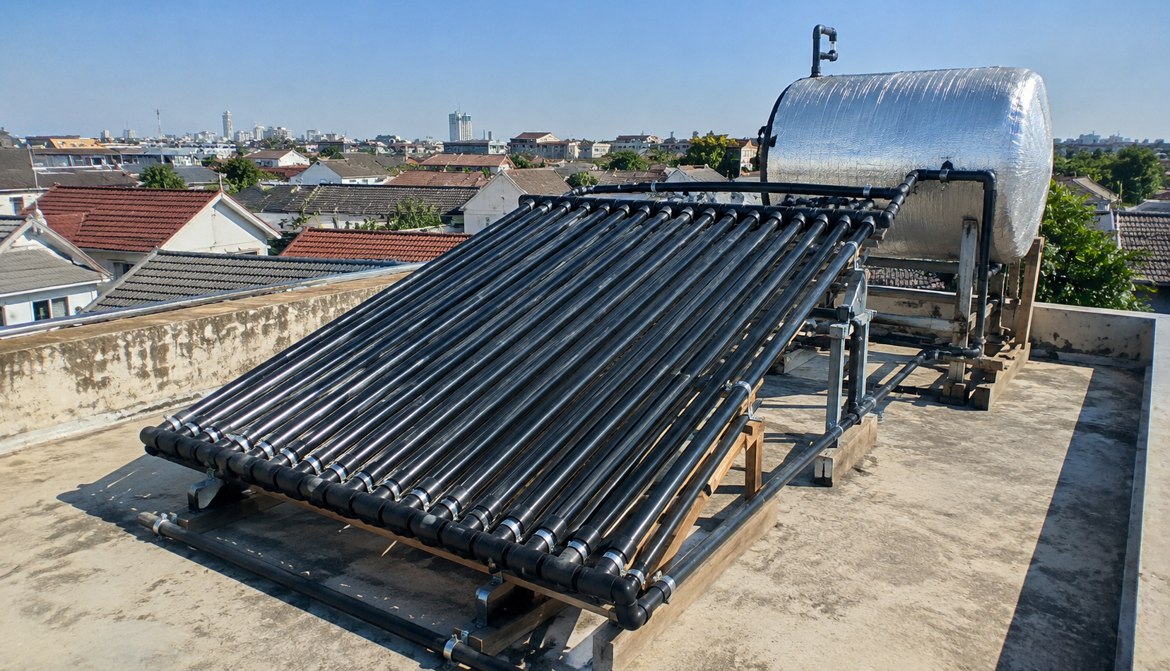 DIY solar water heater installed on rooftop collecting sunlight