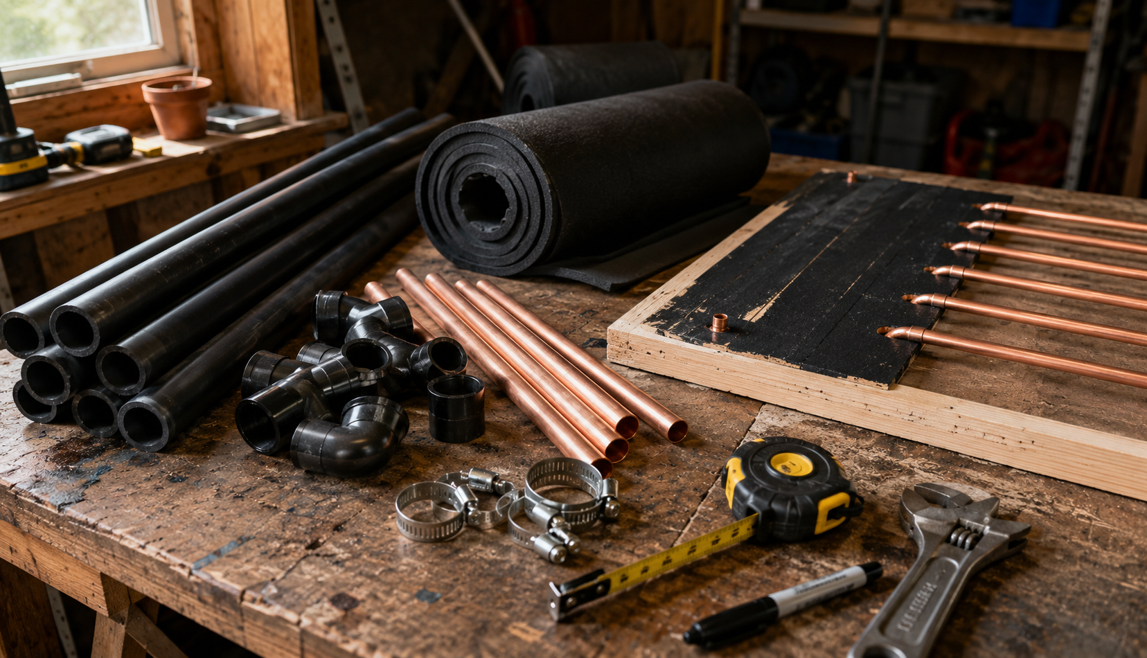 ChatGPT Image May 29, 2026, 04_55_44 PM Workbench with pipes, insulation, and solar heater materials preparation