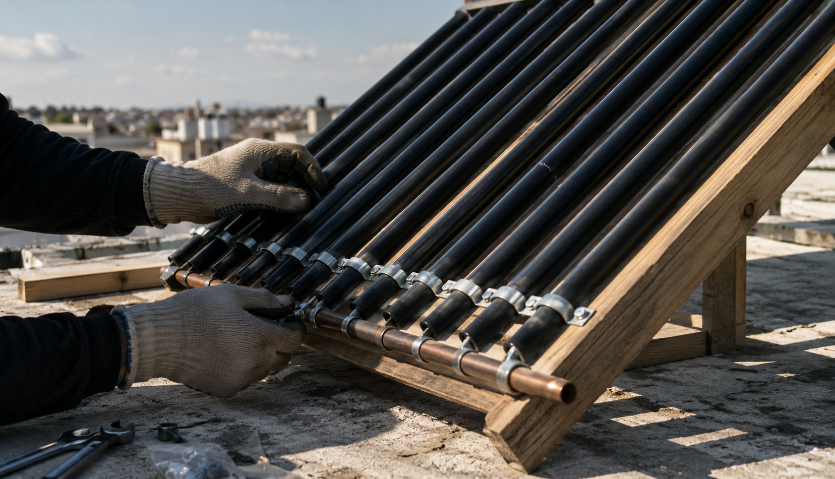 ChatGPT Image May 29, 2026, 04_56_18 PM Hands installing solar water heater pipes on rooftop wooden frame