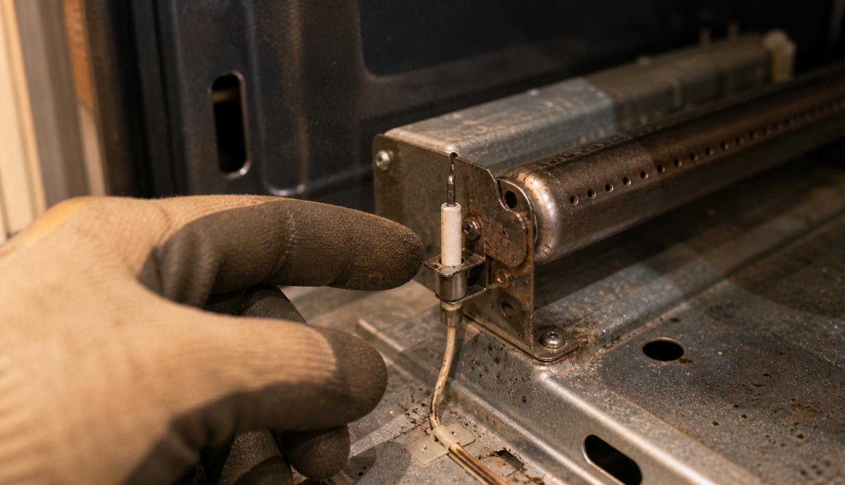 Close-up of faulty gas oven igniter being inspected
