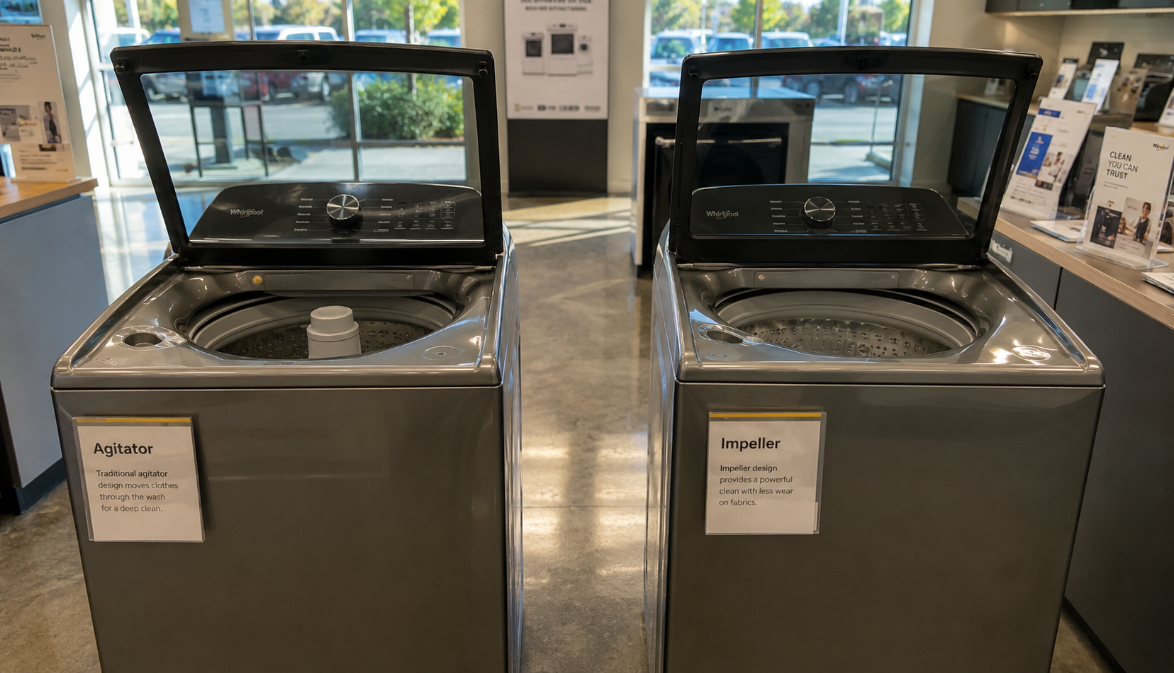 Top-load agitator and impeller washing machines side by side