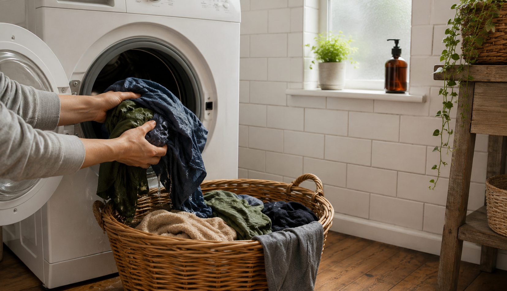 Hands removing damp laundry from washing machine into wicker basket