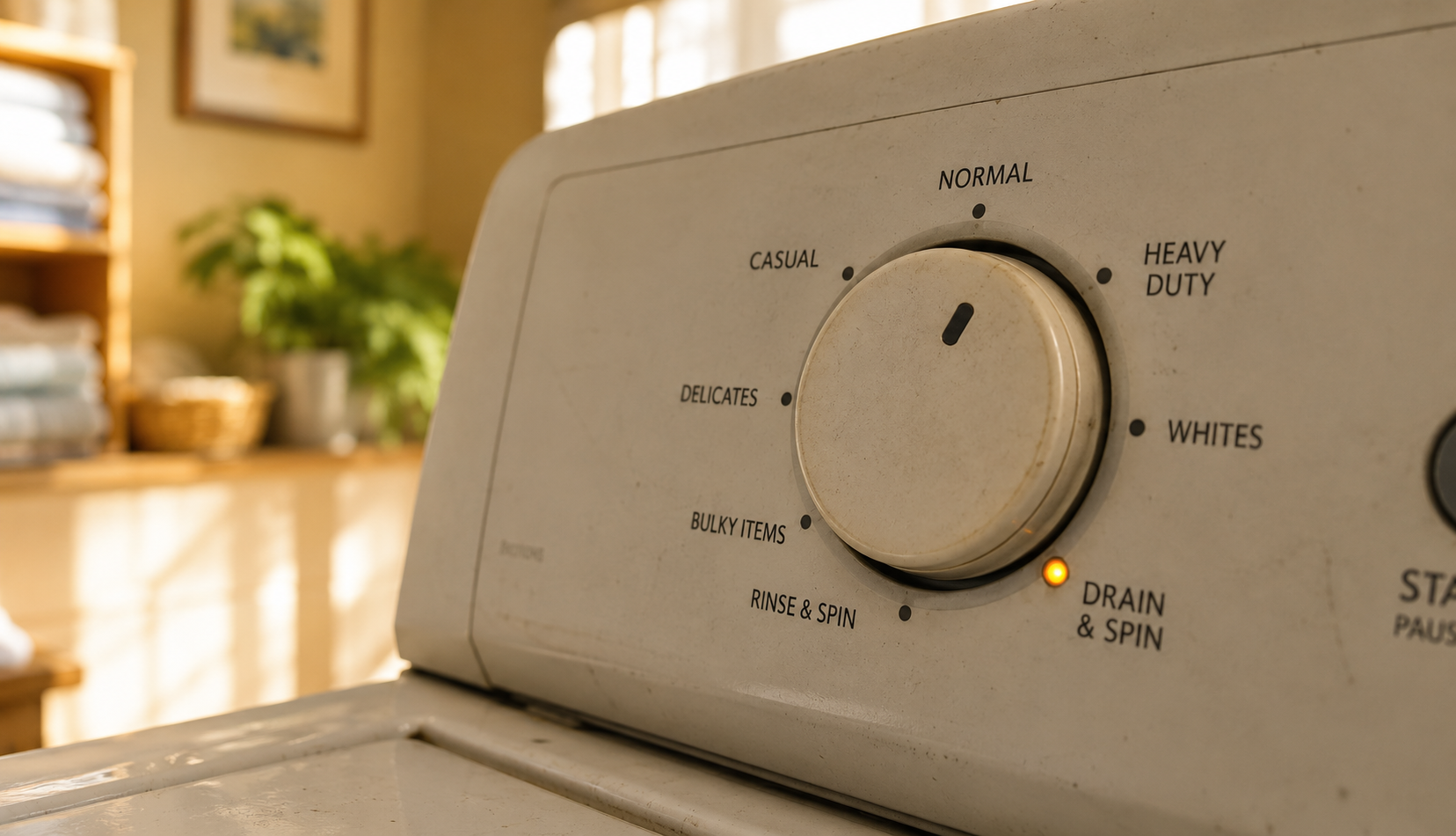 Washing machine control dial turned to drain and spin cycle setting