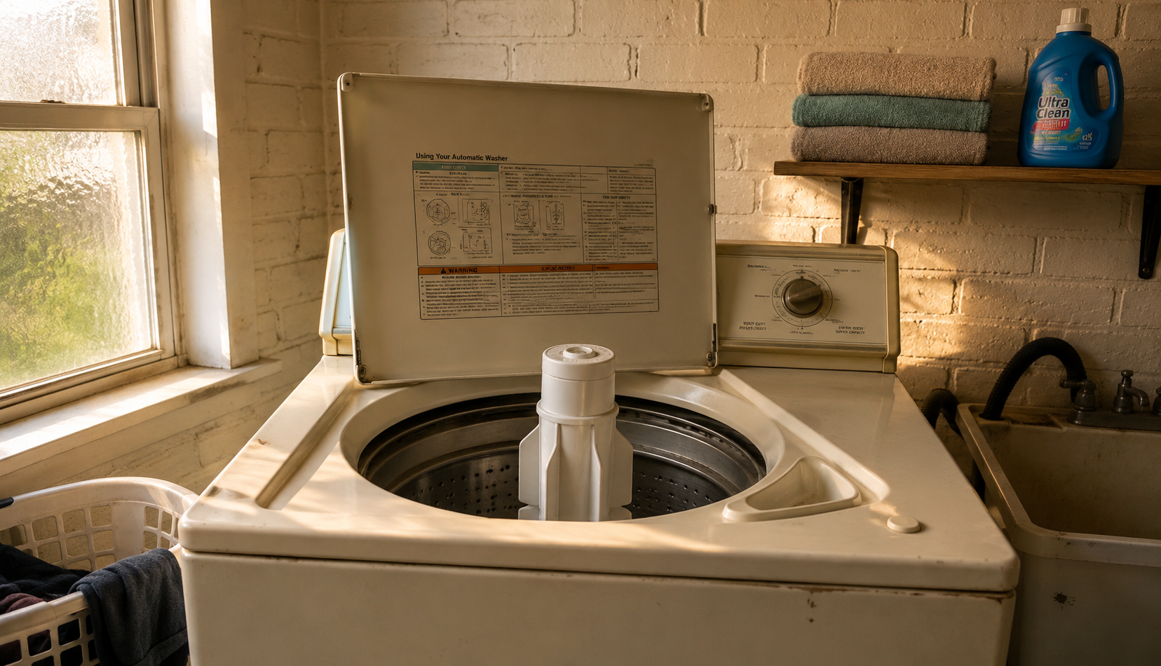 Top load washing machine with lid open showing central agitator post inside drum