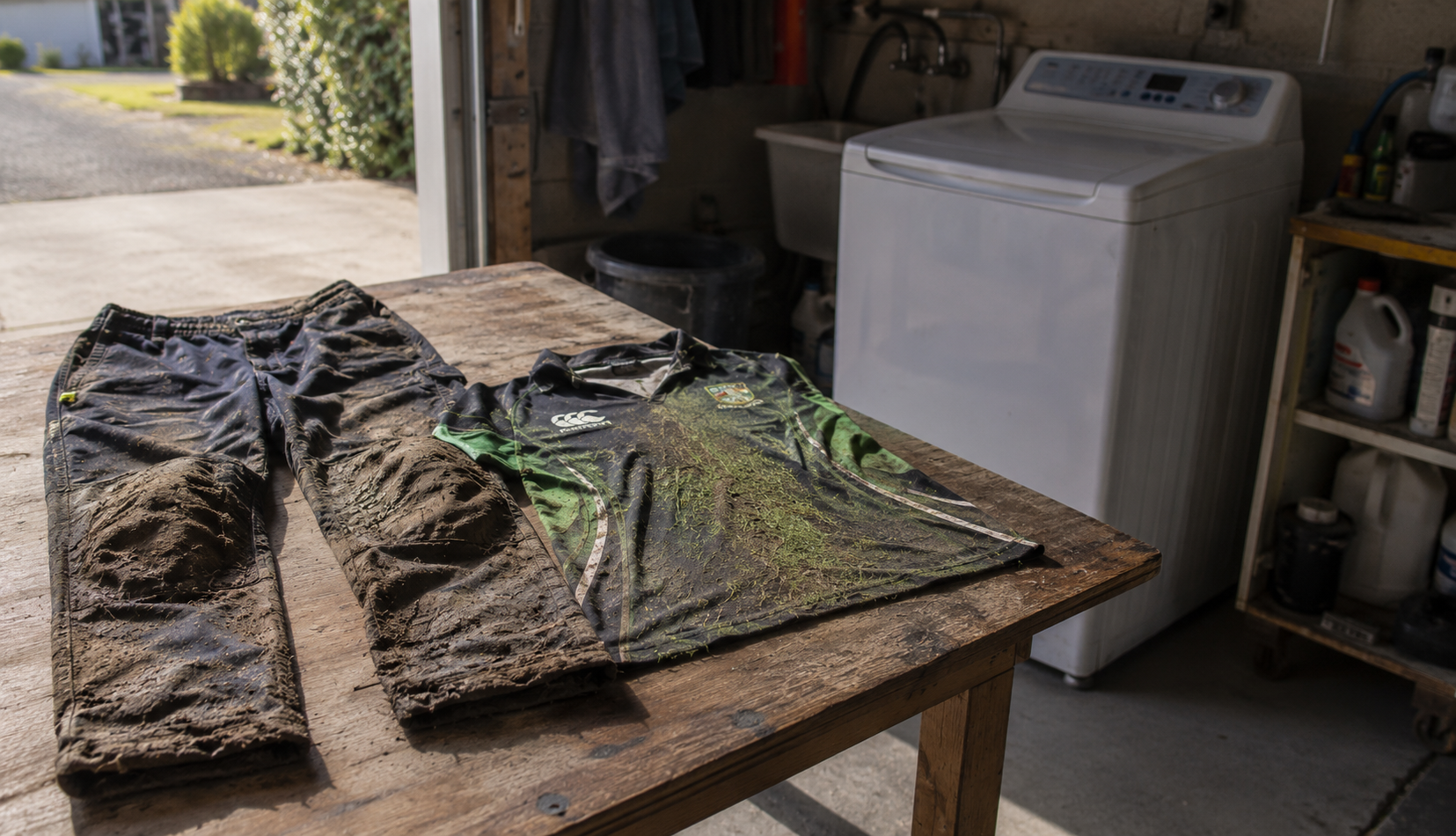 ChatGPT Image May 31, 2026, 11_45_46 PM Heavily soiled muddy work trousers and grass stained shirt beside washing machine