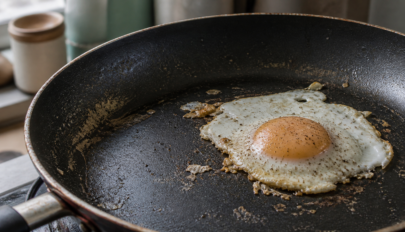 damaged non stick pan surface with food sticking
