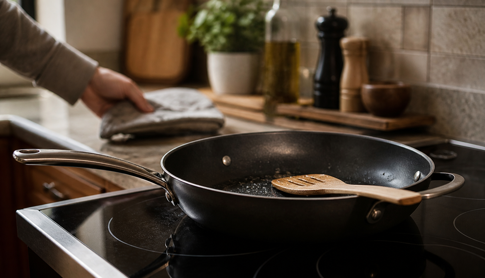 non stick skillet cooling on stovetop after oven use