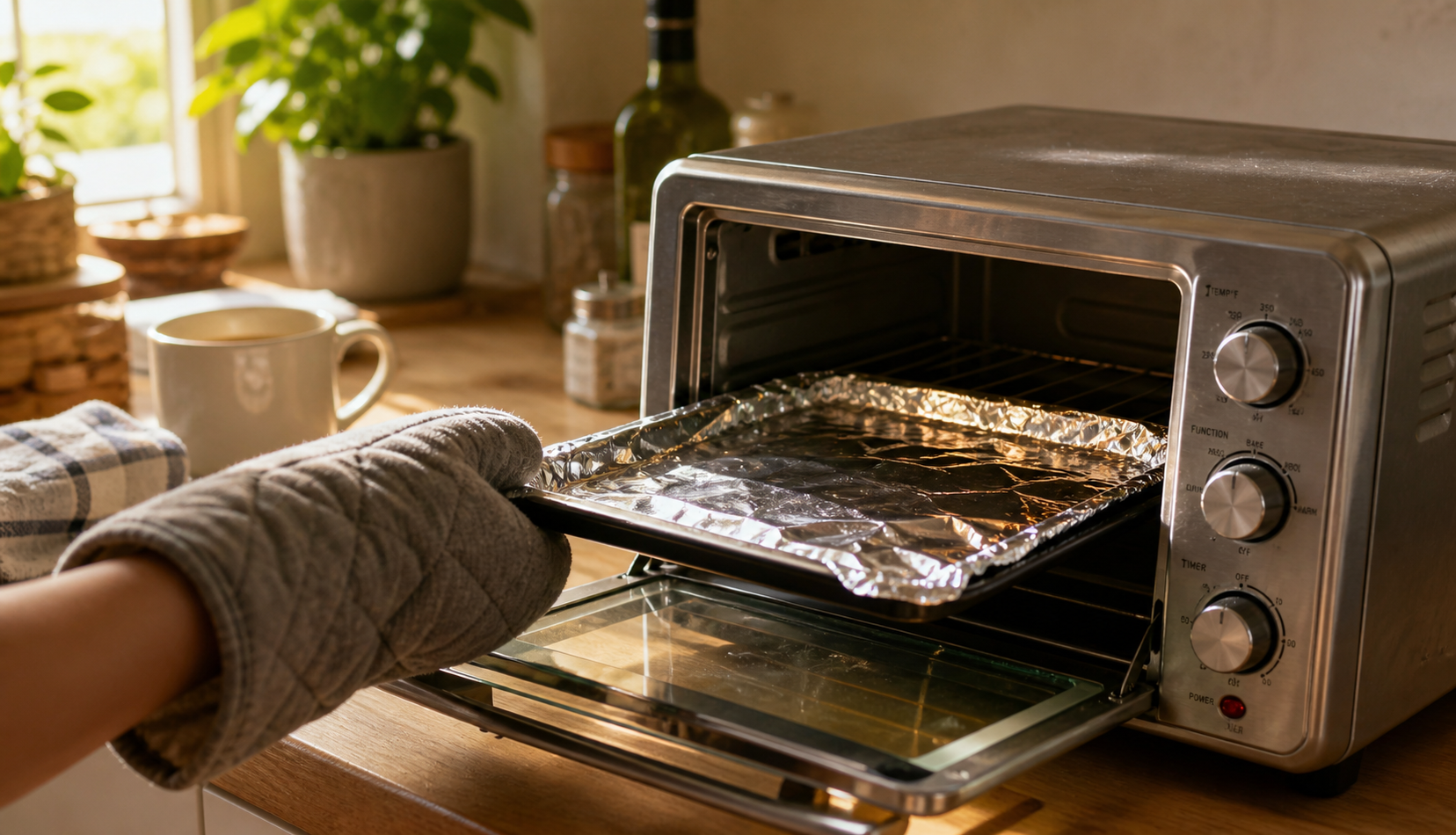 aluminum foil placed inside toaster oven carefully on tray